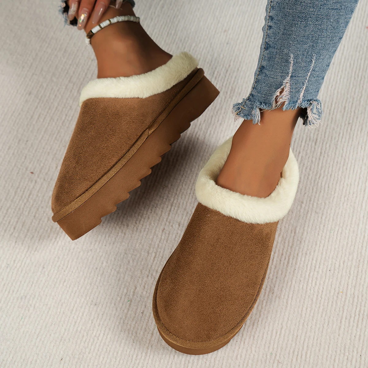 Wintermode Damen Flauschige Dicksohlige Freizeitschuhe, Dicksohlige Rutschfeste und Warme Hausschuhe mit Fellfutter – Detail 3