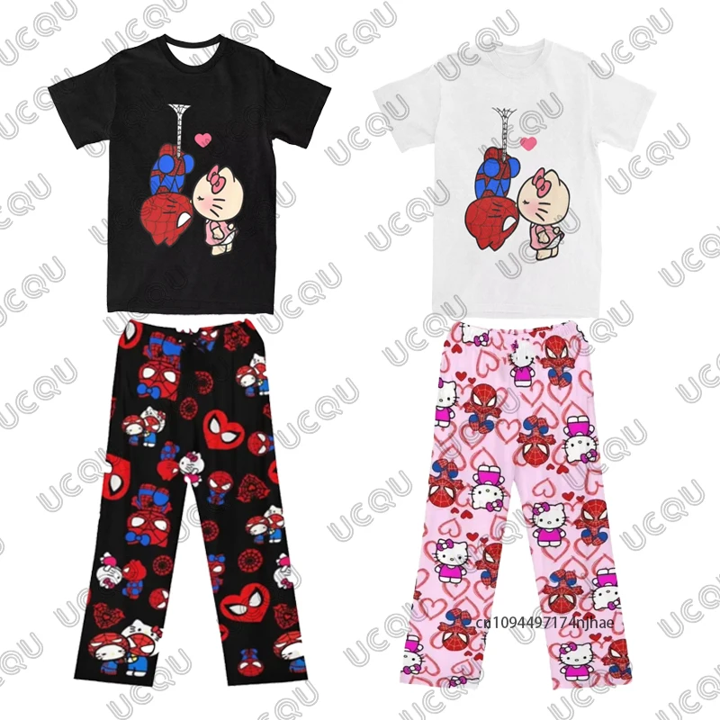 

2 Piece Outfits Men's Tracksuit Spider-Man & Hello Kitty Print T Shirt+Pajamas Pants Set Casual Couples Suit Fashion Clothes