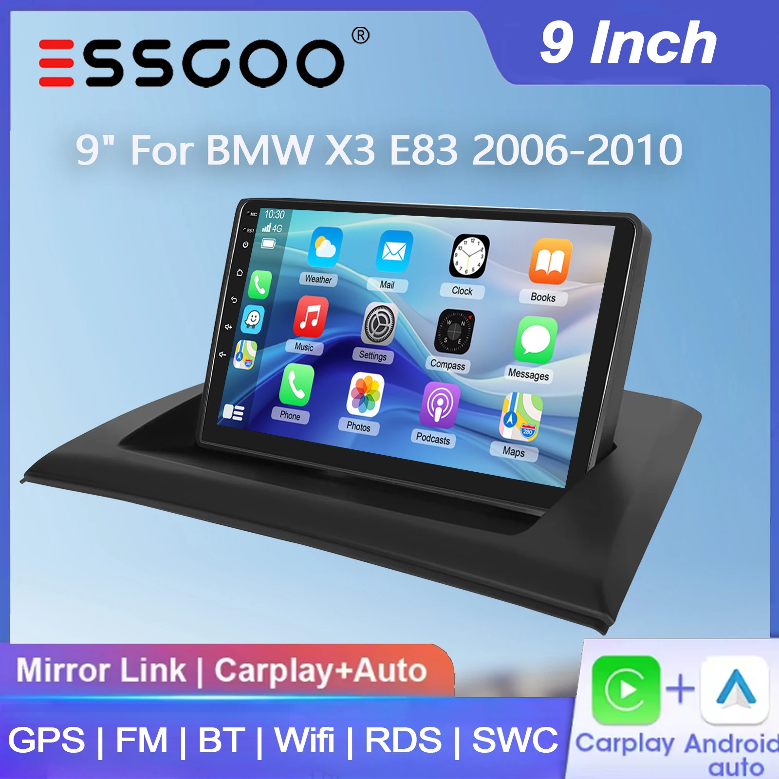 ESSGOO 9" Android 15 4+64G Wireless Carplay Android Auto für BMW X3 E83 2006-2010 Autoradio GPS-Navigation Radio FM BT WiFi RDS SWC Mirror Link ASP Multimedia-Videoplayer IPS Touchscreen Head Unit
