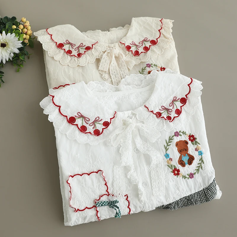 Spring Japanese Sweet Mori Girl Cartoon Bear Cherry Patchwork Cotton Shirts Women Cute Peter Pan Collar Long Sleeve Blouse Tops