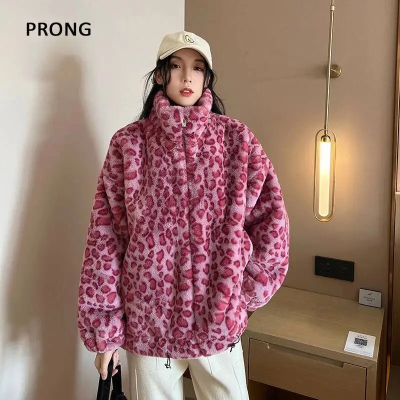 

Winter Loose Leopard Print Faux Fur Coat Women Long Sleeve Zip Up Warm Soft Fluffy Jacket Thick Warm Streetwear Outerwear