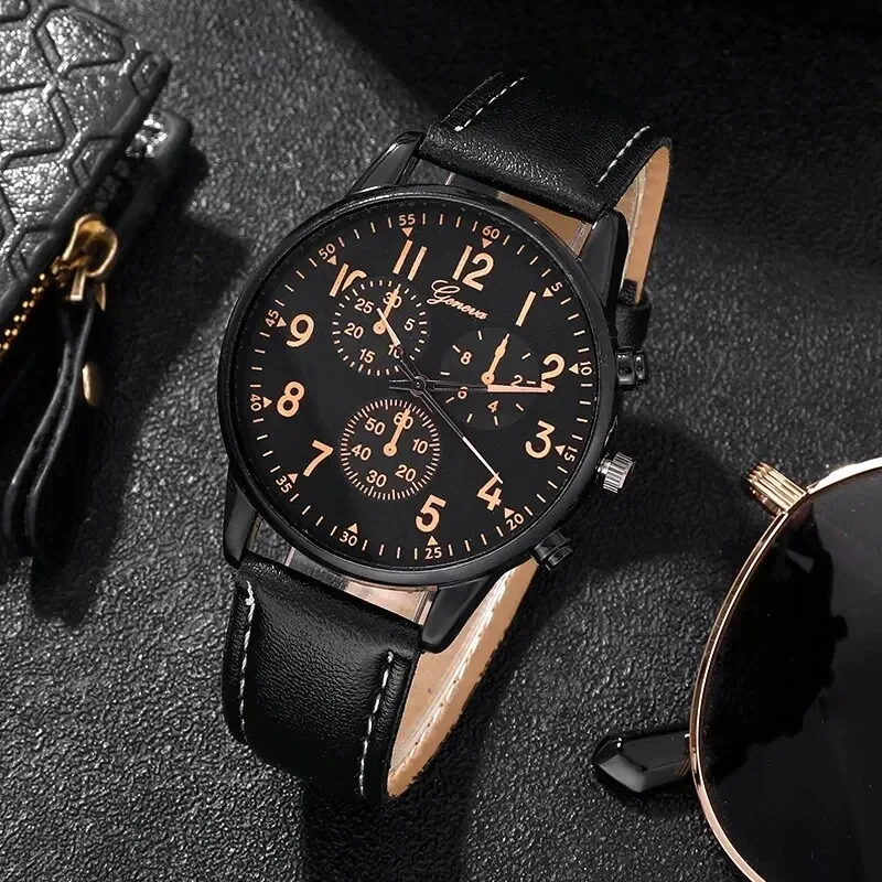 2026 Men's quartz casual three eye PU leather watch fashionable and versatile quartz business watch set