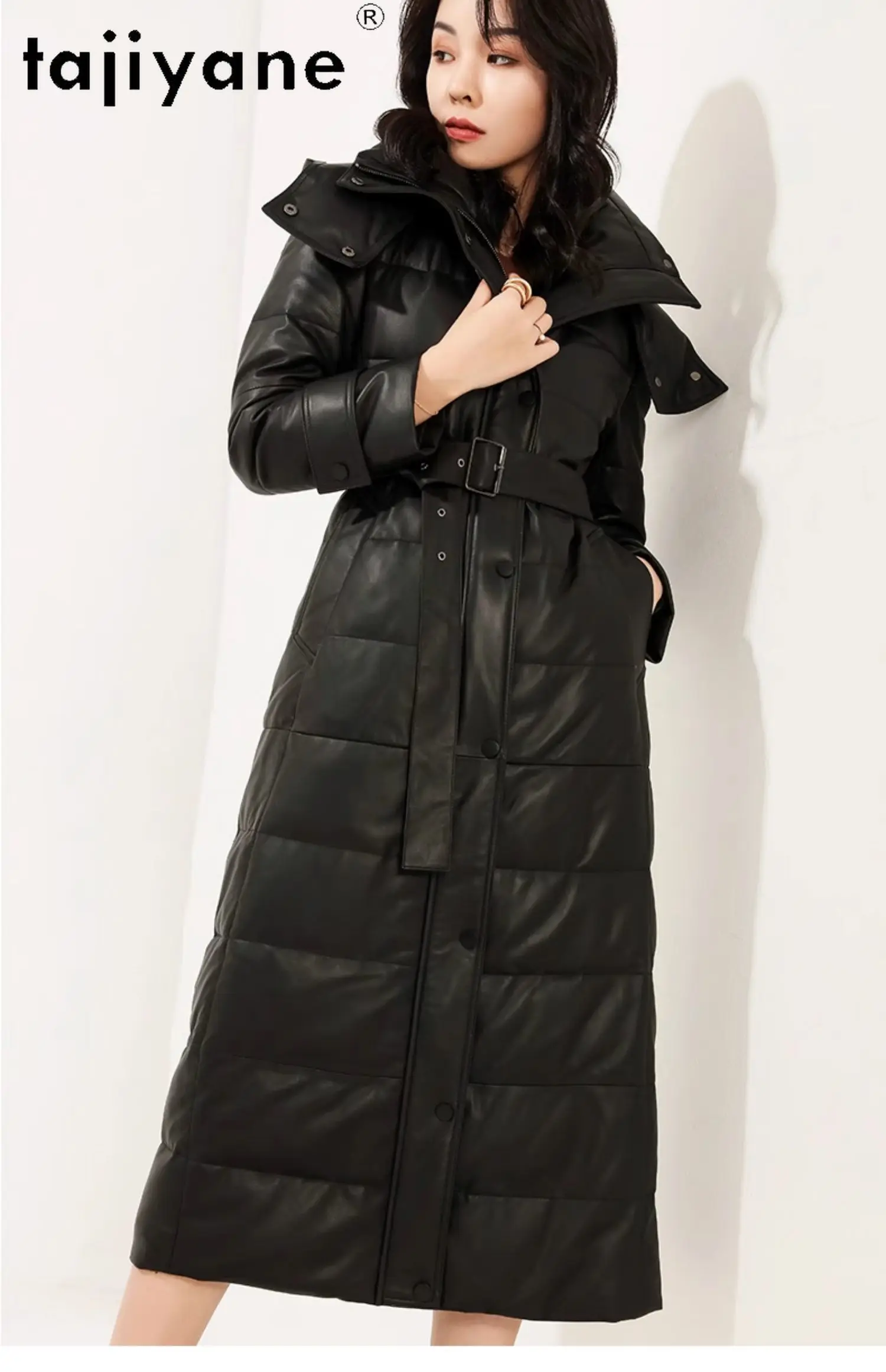 TAJIYANE 100% Prawdziwa Skóra Owcza Płaszcz Puchowy Damski Skórzana Długa Kurtka Puchowa z Kapturem Nowość na Zimę 2025 Odzież Damska