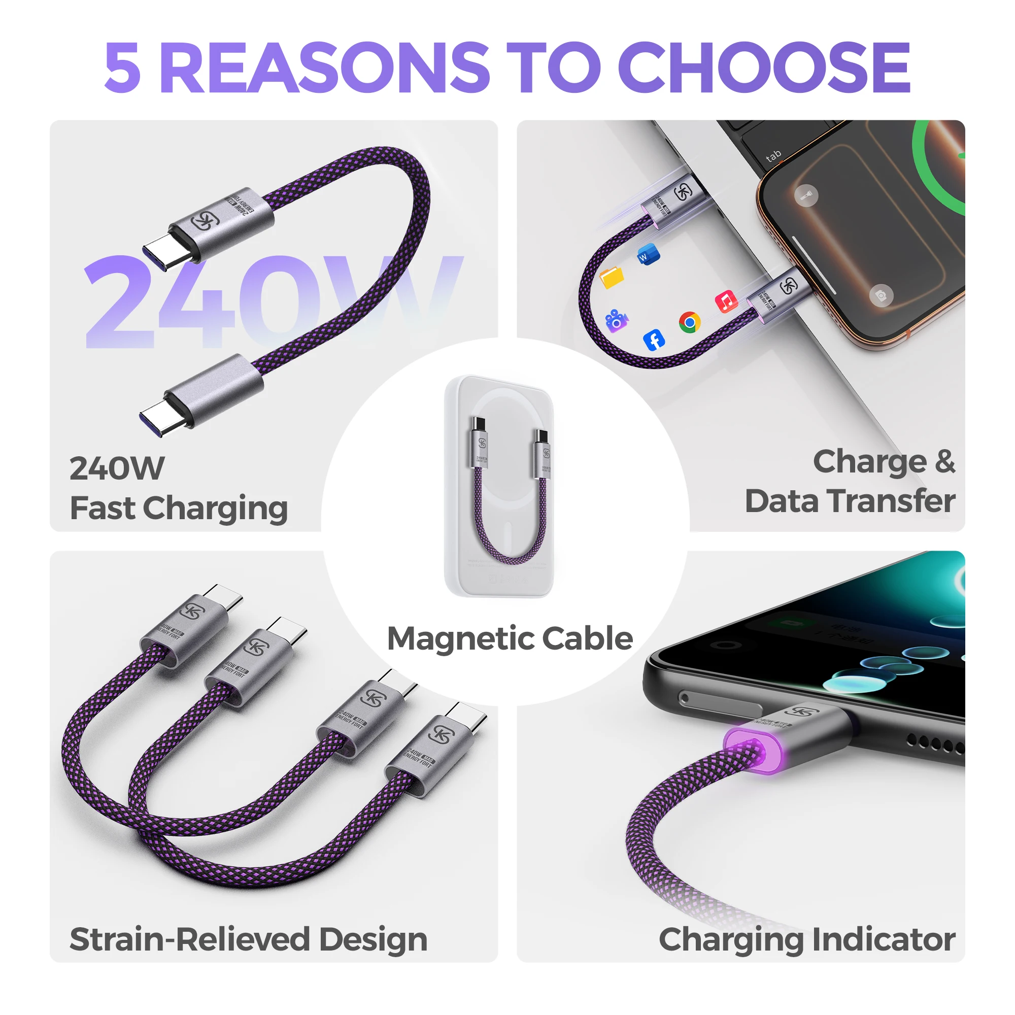 PD 240W Magnetic USB-C to USB-C Cable Short Type C to Type C Fast Charging Cable Braided Charger Cord Cable Organizer for Phone
