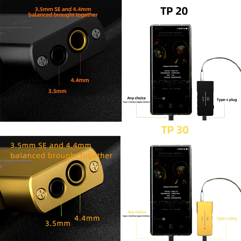 Imagem -03 - Epz Tp20 Tp30 Portátil Mqa Usb Dac Áudio Fone de Ouvido Amplificador Iem Dongle tipo c Relâmpago Es9038q2m Dsd256 Dsd512 Decodificador