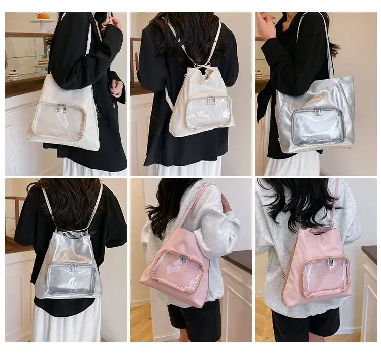 

Ladies' Tote Bag Large Capacity Casual Backpack Transparent Pocket Multiple Backpack Modes for Commuting and Daily Use