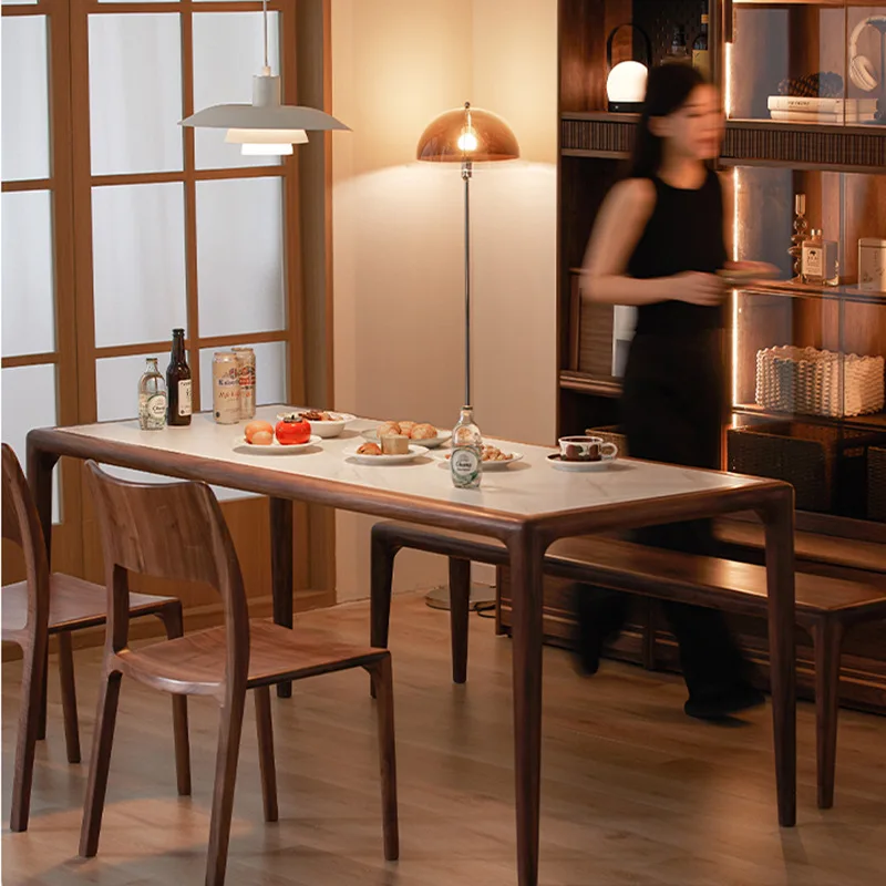 All solid wood rock slab dining table Nordic simple black walnut modern simple household rectangular dining table and chair