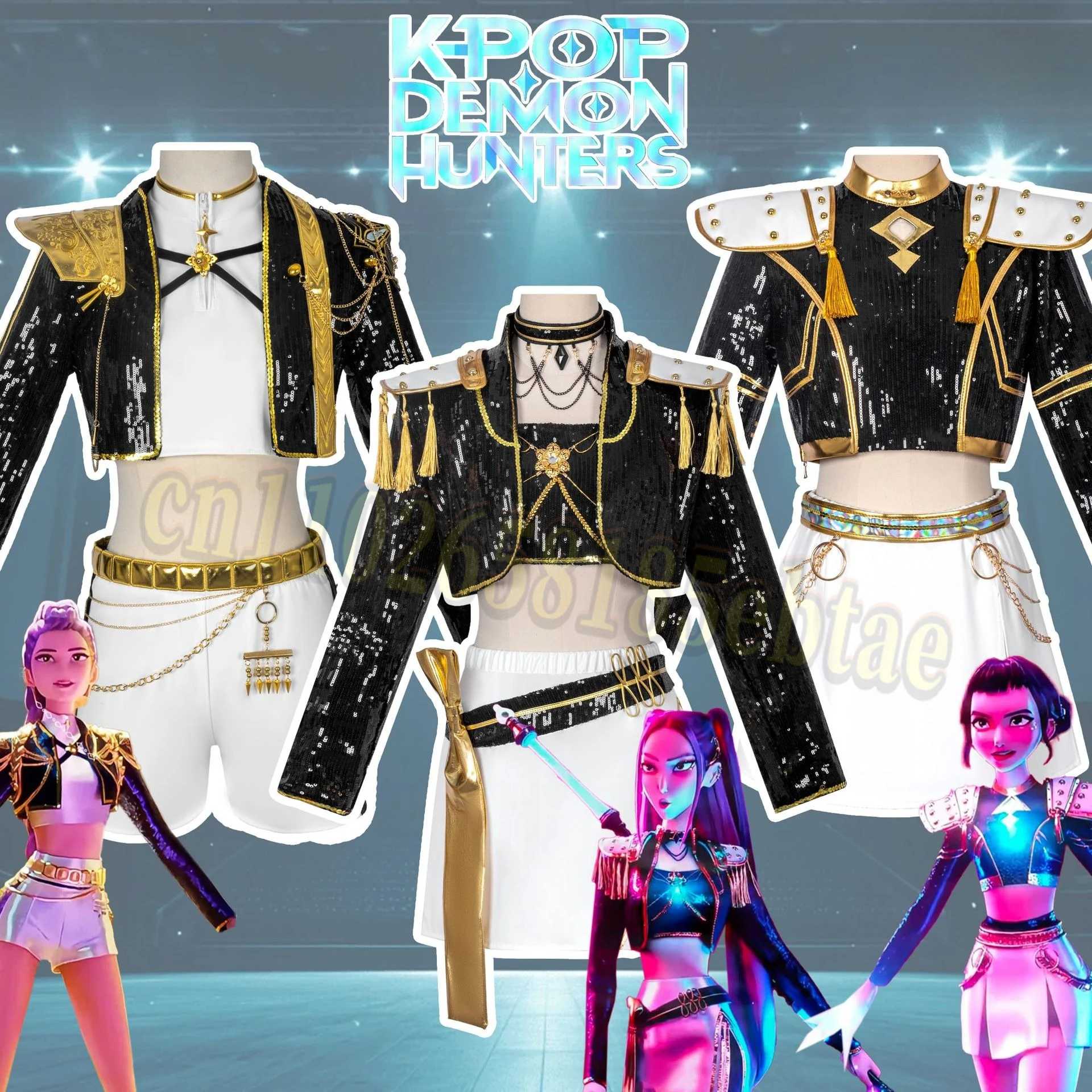 

New Rumi Zoey Mira Cosplay KPop Demon Hunters Cosplay Costume Girls Black Golden Suit Child Halloween Party Role Playing Outfit