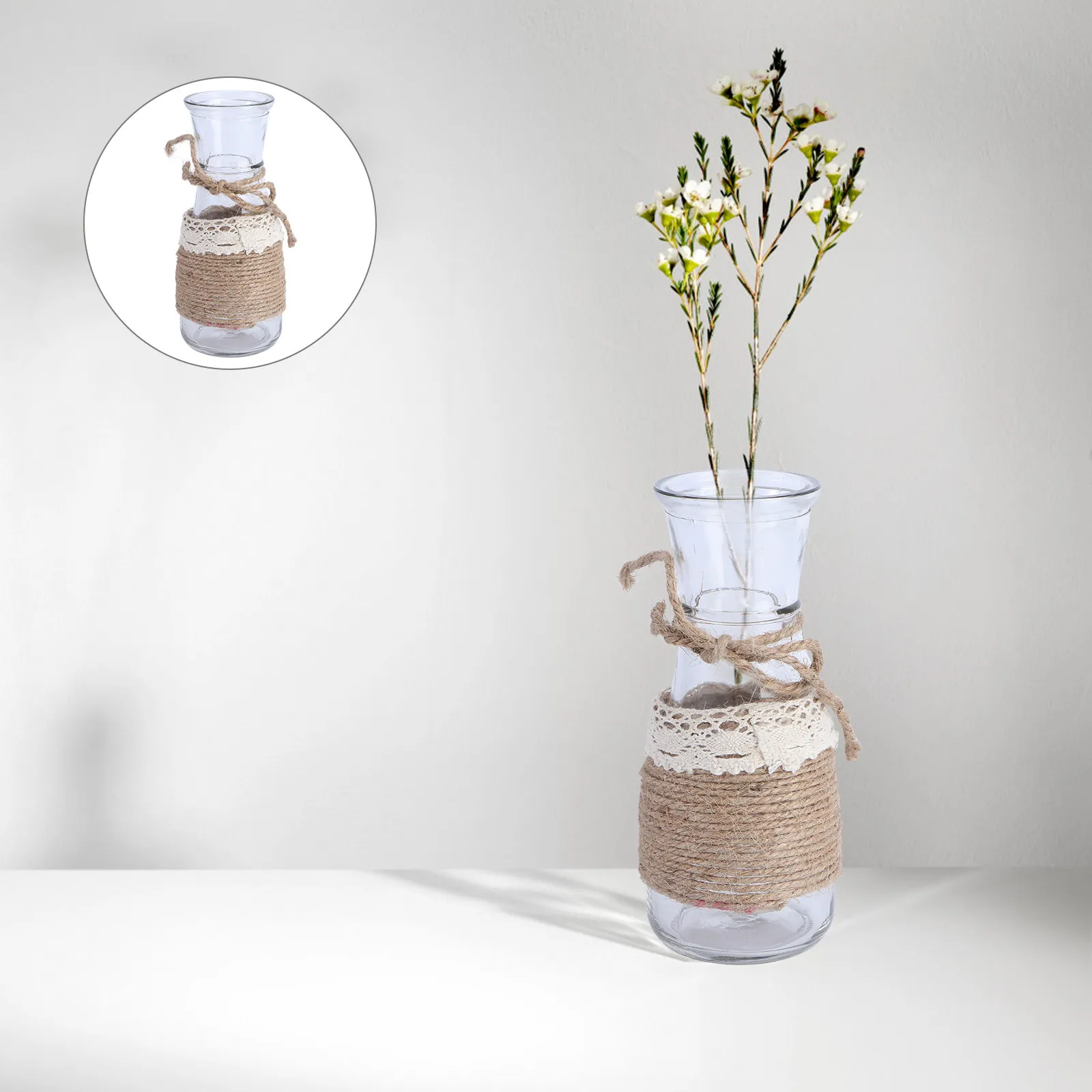 

1 шт. Декоративная стеклянная ваза с джутовой веревкой, прозрачная, для гидропоники, для цветочных композиций, украшение для дома, гостиной, рабочего стола