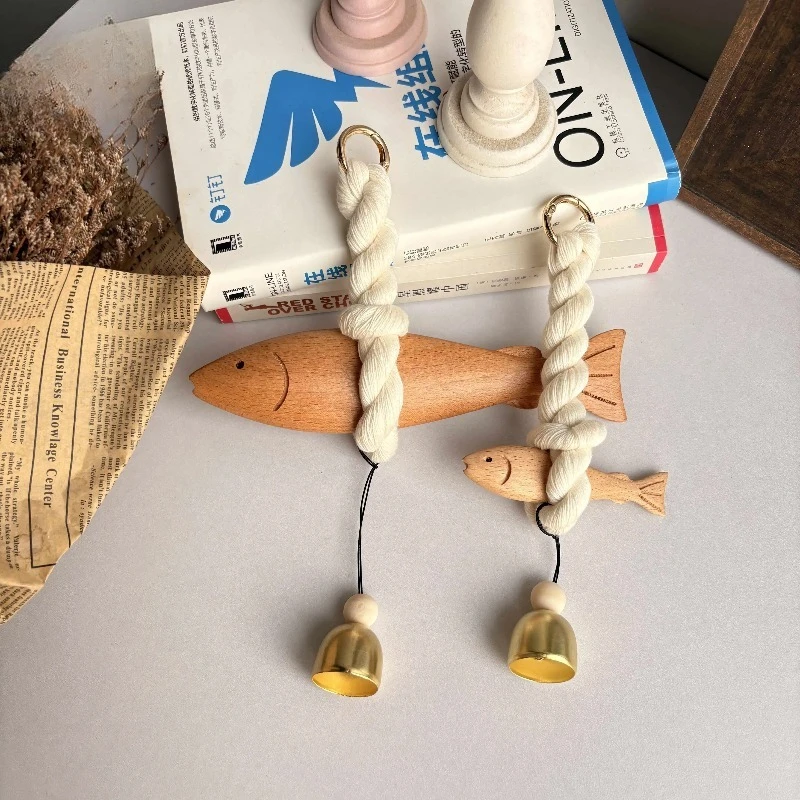 New wooden fish decorative cotton rope knotted bell wood carving simulated fish wood hanging decorative gifts