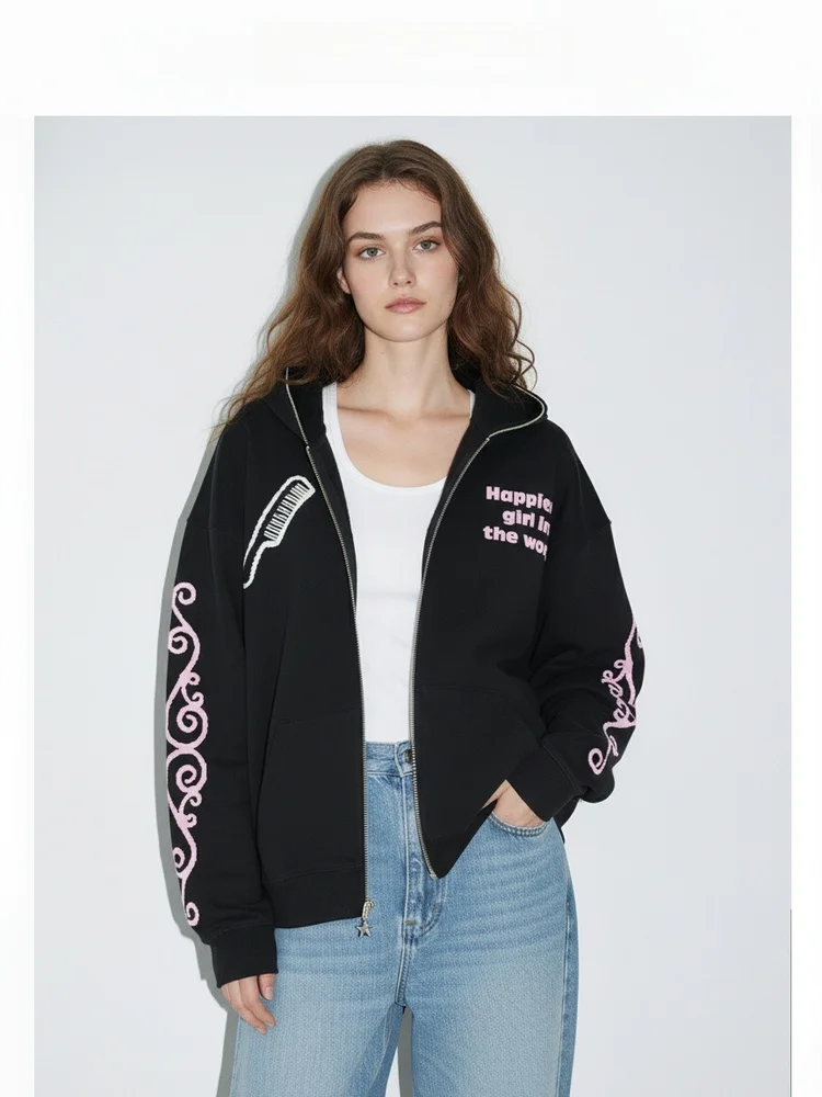 

Street Sle Print Hooded Zipper Women's Mask Sle Open Cardigan Loose Outerwear Bla Casual Hoodie Long Sve Thiened