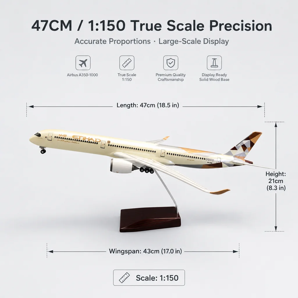 Etihad A350-1000 Miniature Airplane Model 47cm Resin Replica Scale Aircraft With Landing Gear Wheels Light Aviation Gift