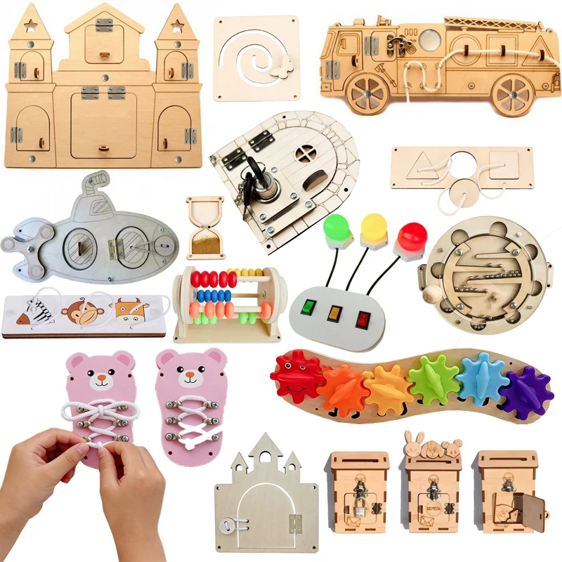 DIY Montessori Busy Board Wooden Accessories Strawberries Car Tie shoelaces Board Castle Early Educational Toy For Childre Gift