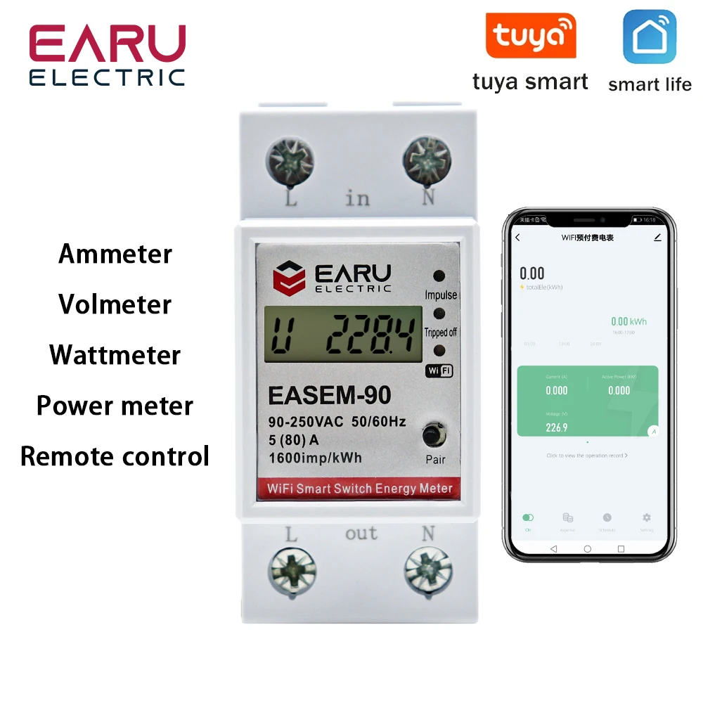 Tuya WiFi Smart Power Energy Meter Consumption kWh Voltmeter 90-250V Din Rail Remote Control Switch Smart Life Alexa Google Home