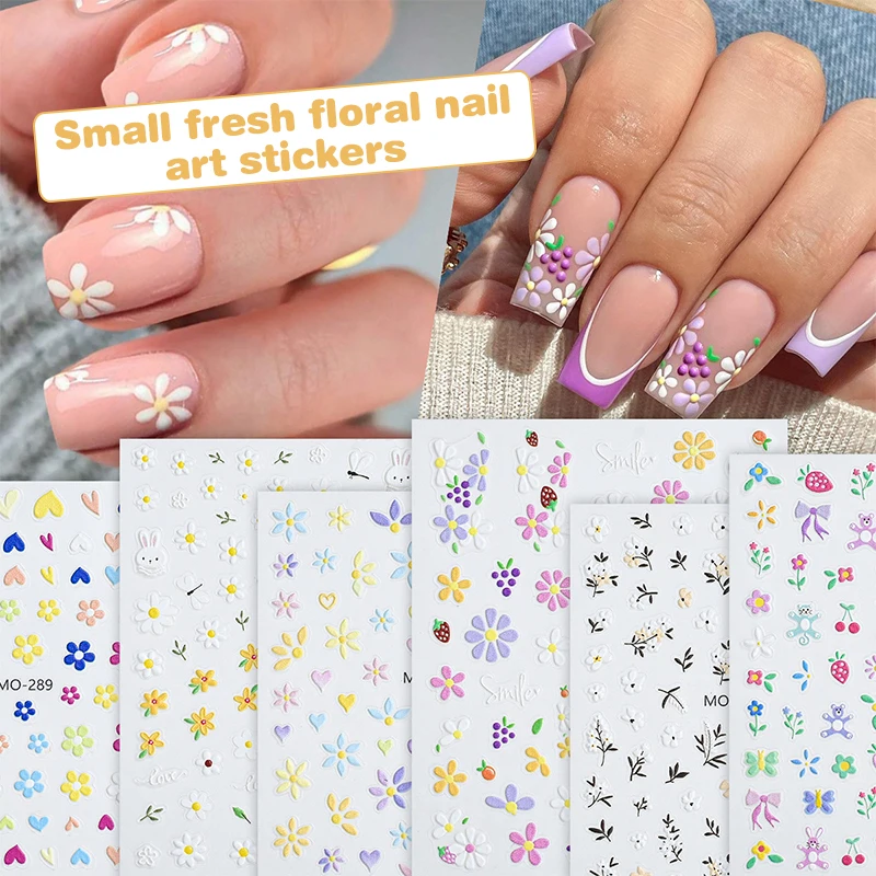 Colorful Sparkling Glass Fragment Spring Wildflowers High Quality Adhesive Flash Nail Stickers Art Decorations Design