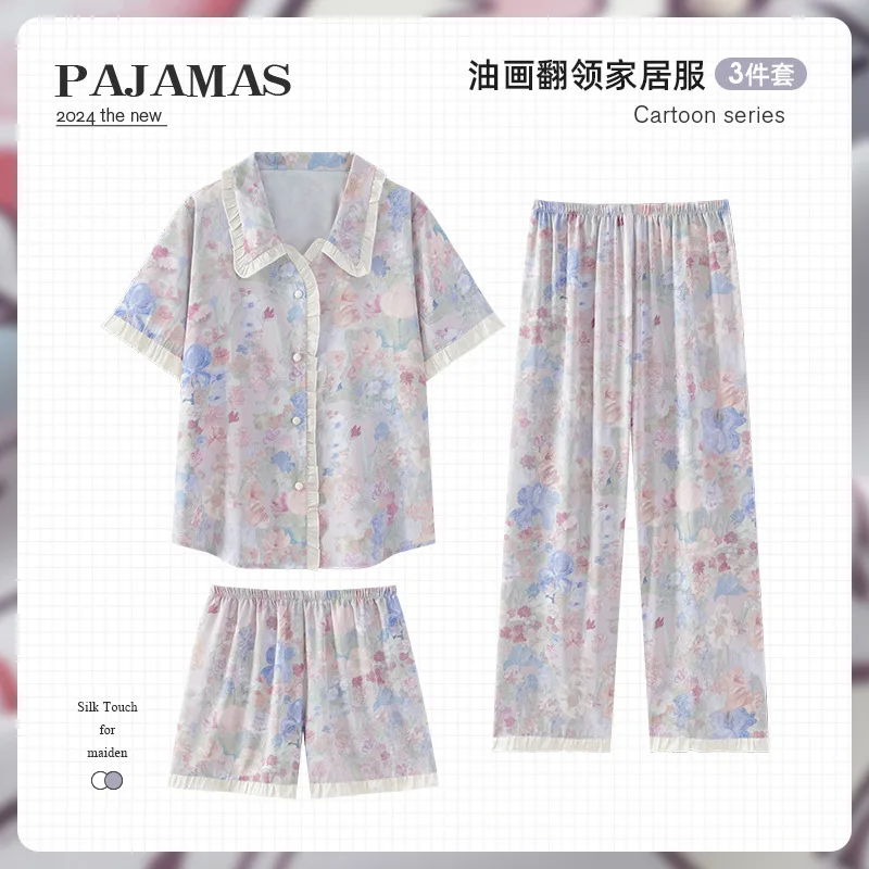Summer Ladies Thin Satin Pajamas Set Lace Stitching Polka Dot Printed Loose Pants Home Lounge Wear White Home Pyjama Suit