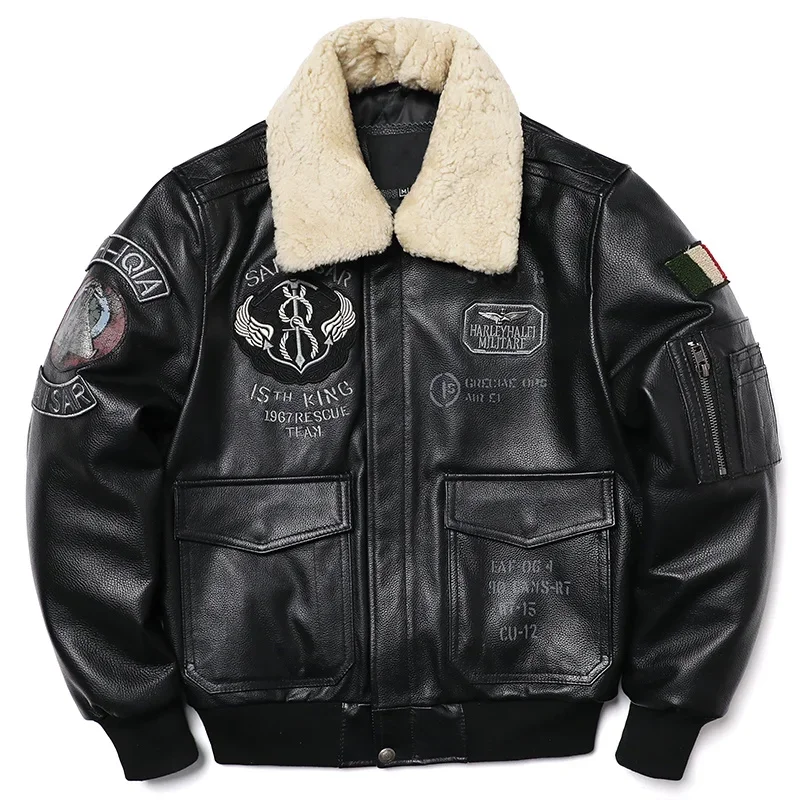 New Wool Collar Air Force Flight Jacket Natural Cowhide Genuine Leather Coat Men's Embroidery Jackets Fashion Motorcycle Cloth