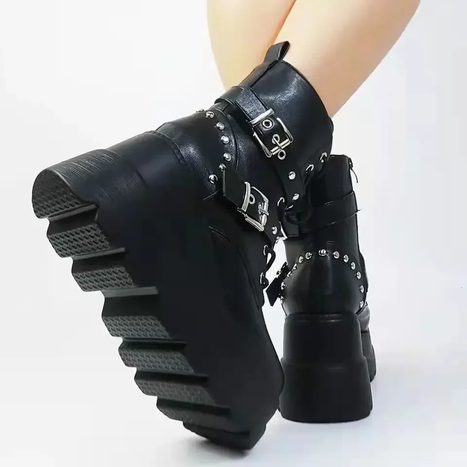 Neue frauen Pu Leder Stiefeletten Frauen Herbst Winter Runde Kappe Lace Up Schuhe Frau Motorrad Plattform Botas Gothic Schuhe – Detail 16