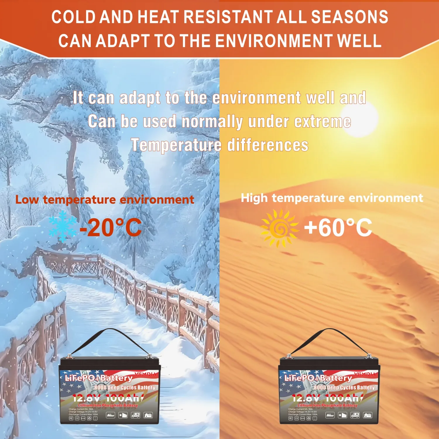 VEMDIA 12V 100Ah LiFePO4-Batterie für RV Solar Marine Trolling Motor Backup Power