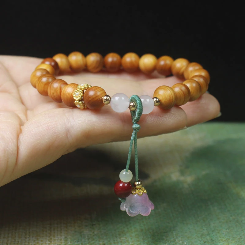 Banyan wood high-oil content 8mm bracelet with pink flower pendant, women's Buddhist prayer beads