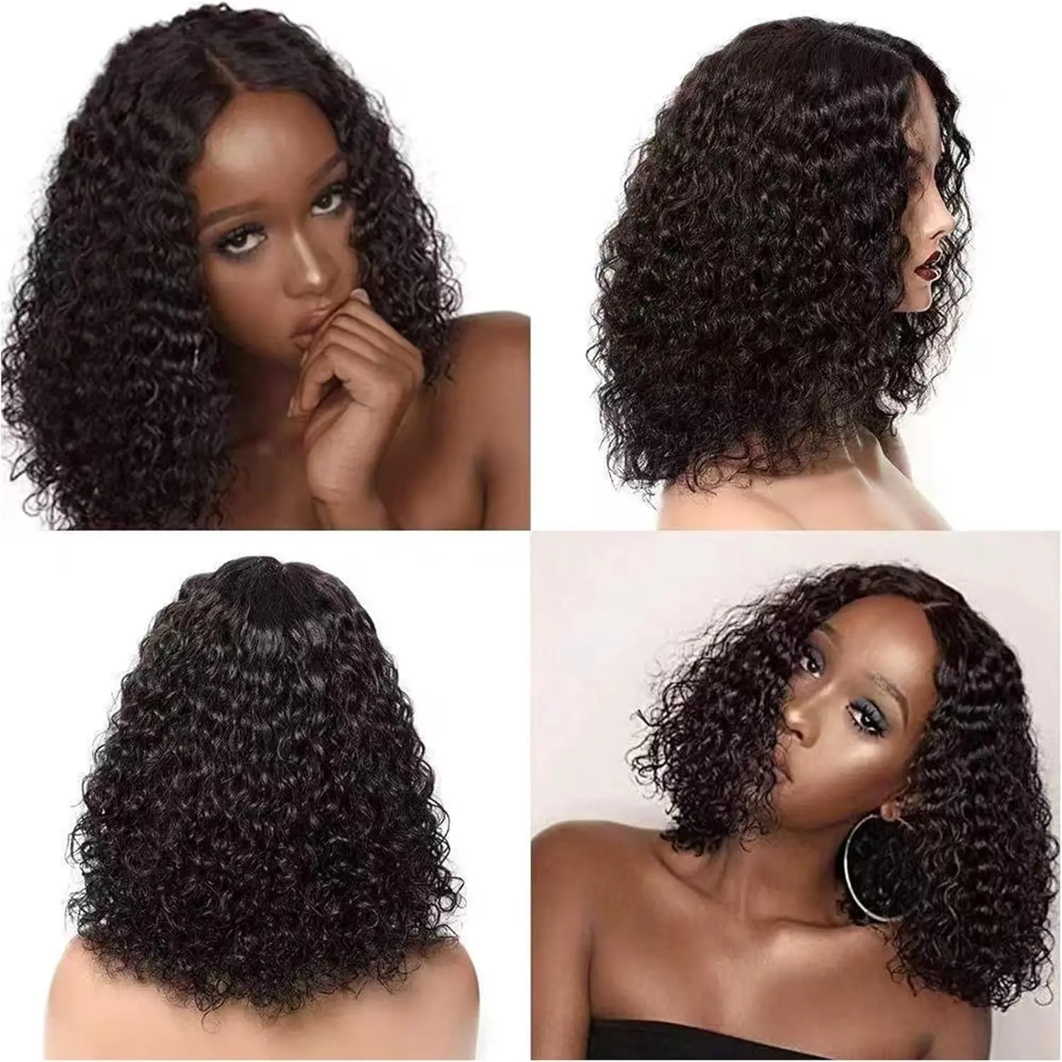 Parrucca anteriore corta in pizzo riccio Bob 100% capelli umani brasiliani pre pizzicati con capelli da bambino per donne (8 pollici, densità 4x4 220%)