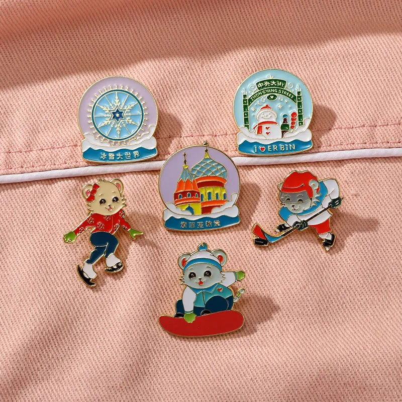 New Winter Sports Bear Series Enaeml  Brooches Cute Skating Skiing Ice Hockey Pattern Animal Pins