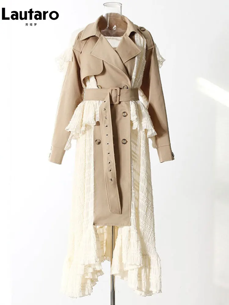 Lautaro Spring Autumn Long Lace Patchwork Trench Coat for Women Belt Elegant Chic Stylish Luxury Designer European Clothes 2026