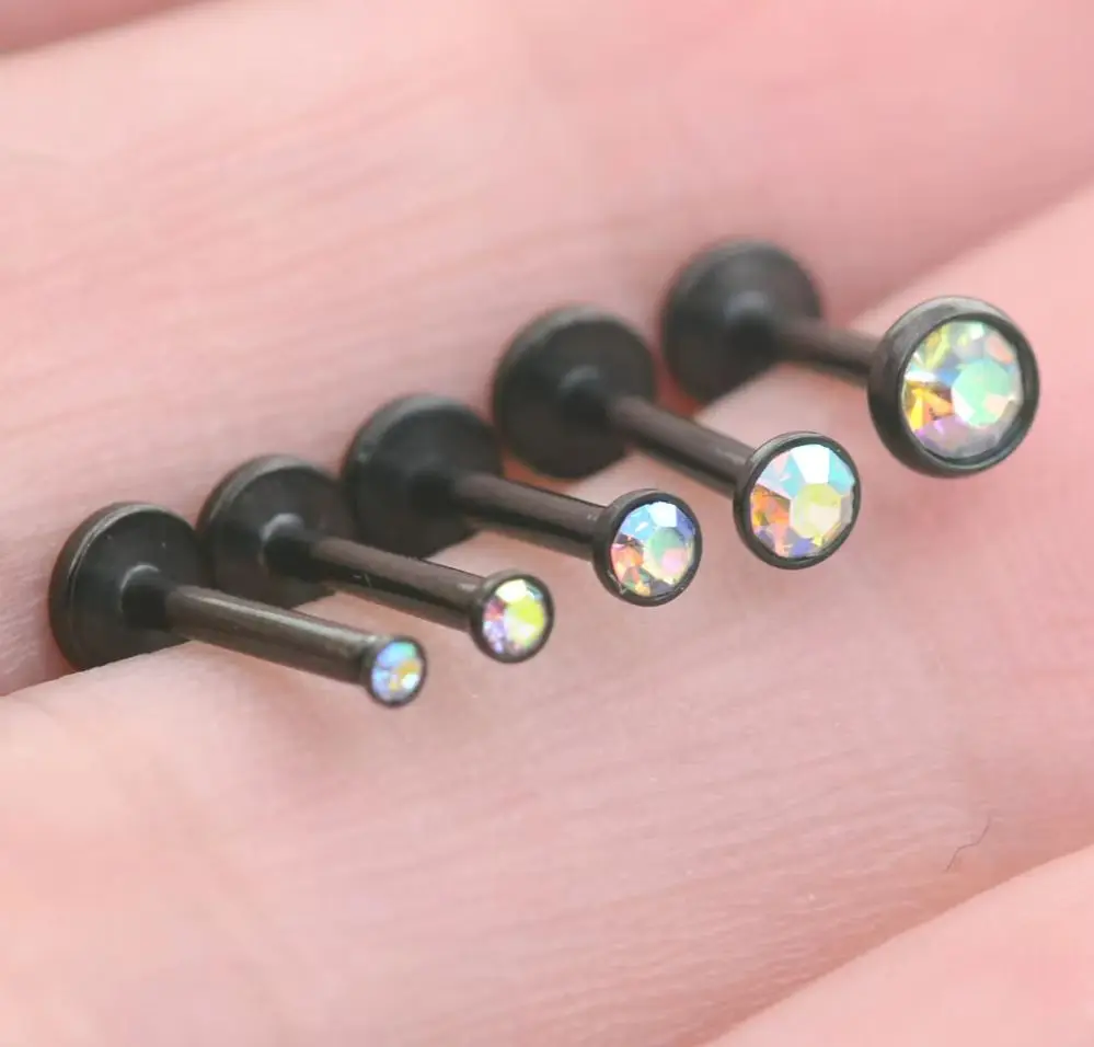 2Pcs 16G 6/8mm Mini Rainbow Crystal Conch Piercing Nose Stud Labret Lip Ring Helix Piercing Tragus Bar Lobe Earrings Ear Jewelry