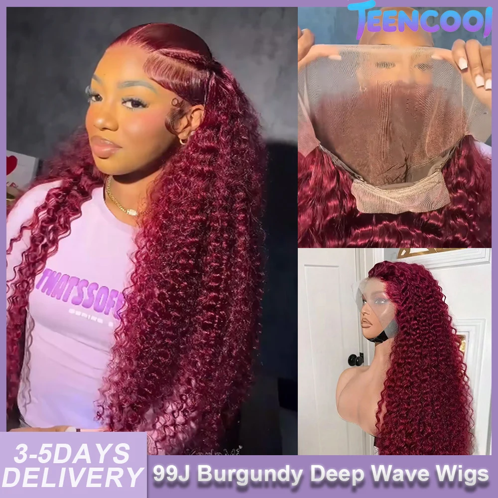 

30 32 36 Inch Brazilian 99J Burgundy Deep Wave 13x4 13x6 HD Transparent Lace Wig 180% Red Wine Water Curly Human Hair For Women