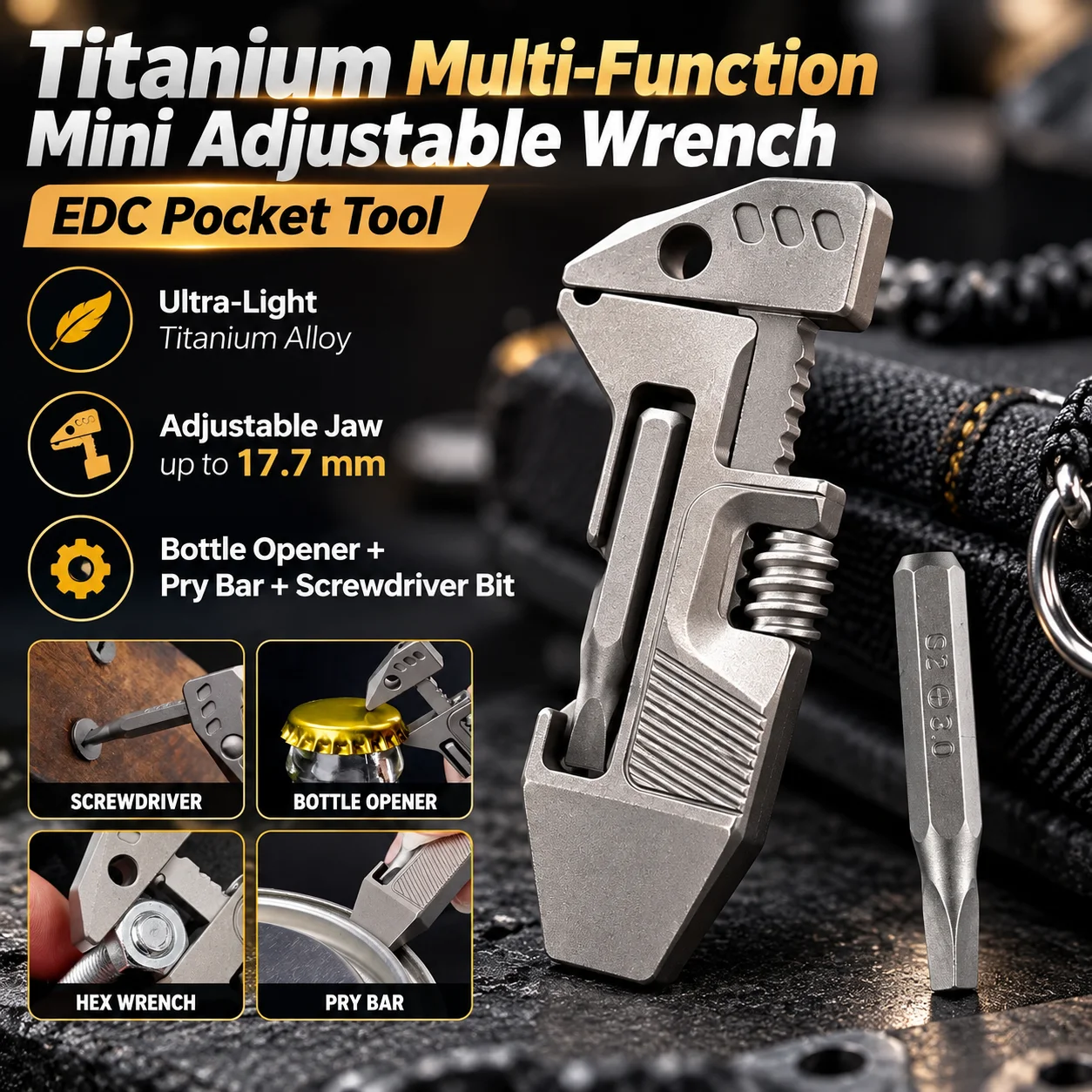 Titanium Alloy Mini Adjustable Wrench Multifunctional EDC Pocket Tool with Screwdriver Bit Bottle Opener Pry Bar Keychain