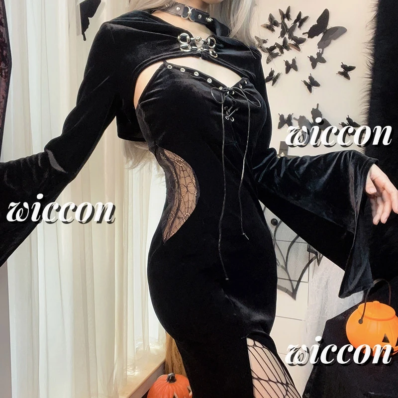 

Halloween Gothic Grunge Punk Women Dress Long Sleeve Horn Sleeve Black 2025 Y2K