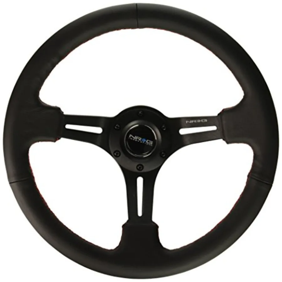 

NRG- Reinforced Steering Wheel 350mm Sport Steering Wheel 3" Deep Black Leather with Red ing, Slit Spoke Design over Circular C