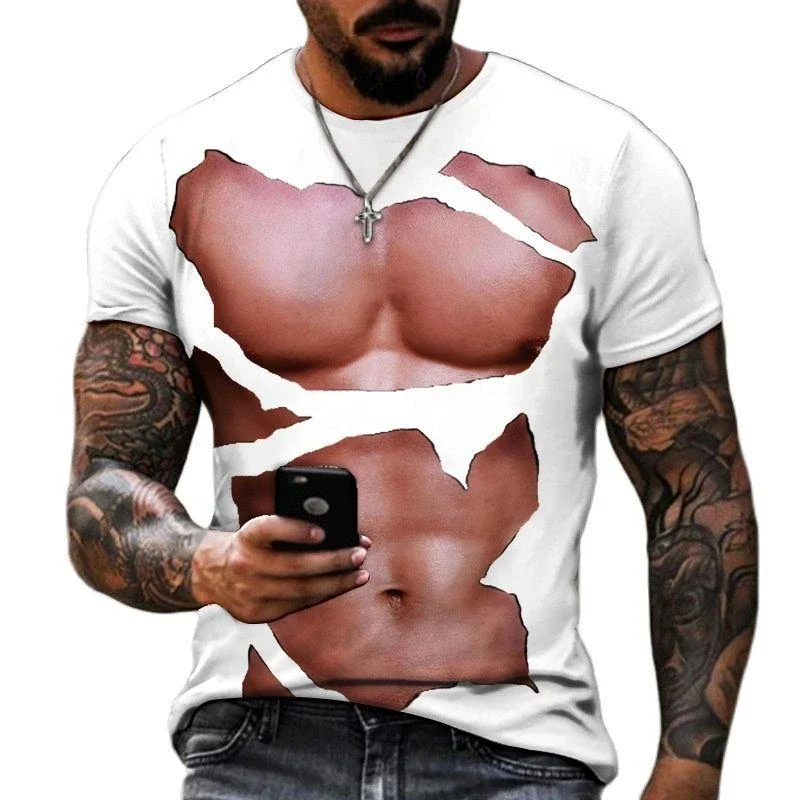

Fashion Muscle Graphics T-shirts Summer Trend Short Sleeve Mens 3D Tear Printed T Shirts Casual Streetwear Oversized Tees Tops