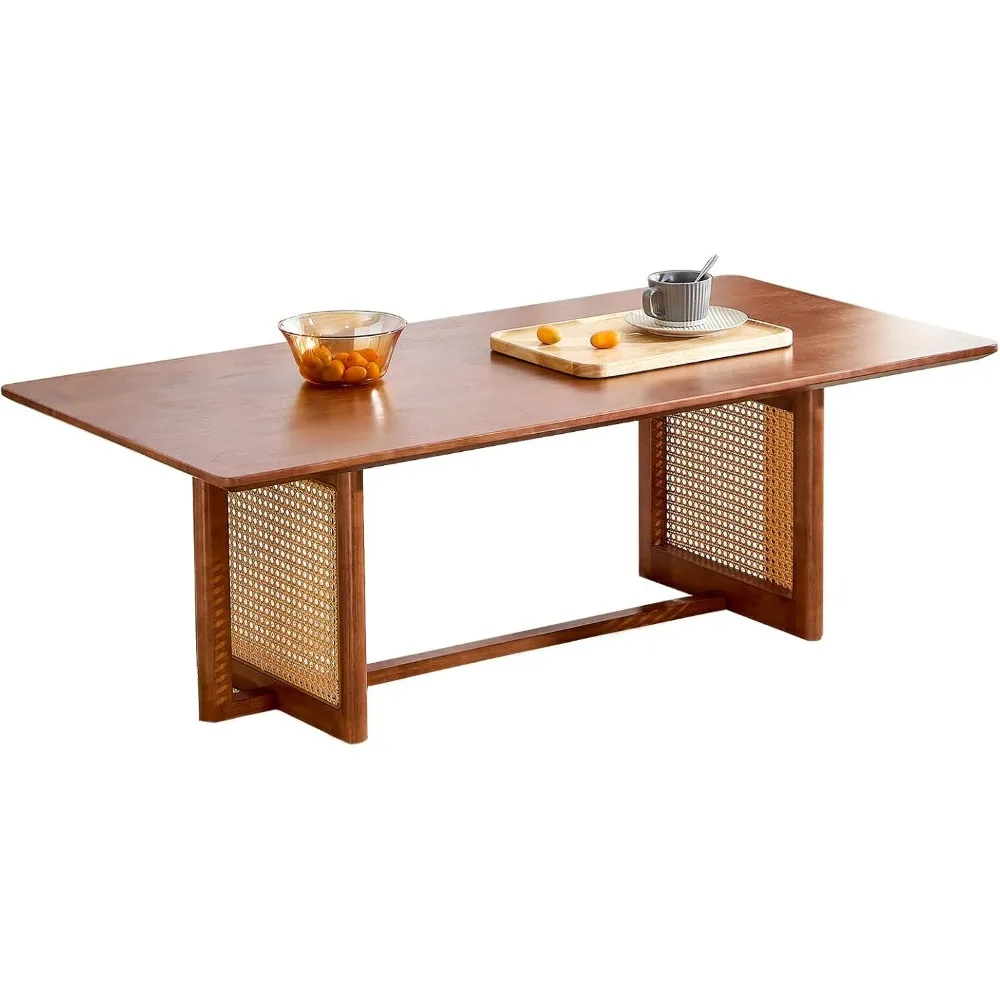 

Coffee Table for Living Room, Rectangle Solid Wood Table Top, Modern Imitation Rattan Coffee Table, Cross Table Legs Tea