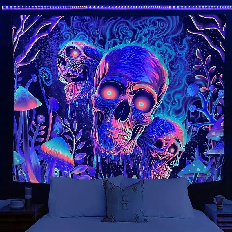VIKAMA Trippy Neon Gradient Skeleton Psychedelic Mushroom Tapestry, Groovy Wall Hanging for Bedroom Living Room Dorm