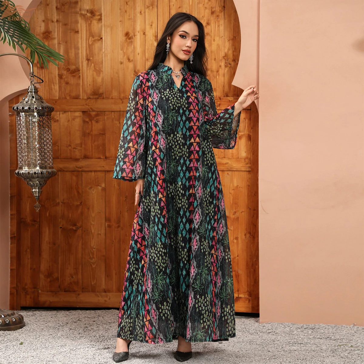 Uni Dubai Luxury Floral Embroidery Abayas Muslim Rhinestone Decorated Loose Dress Moroccan Women Clothes