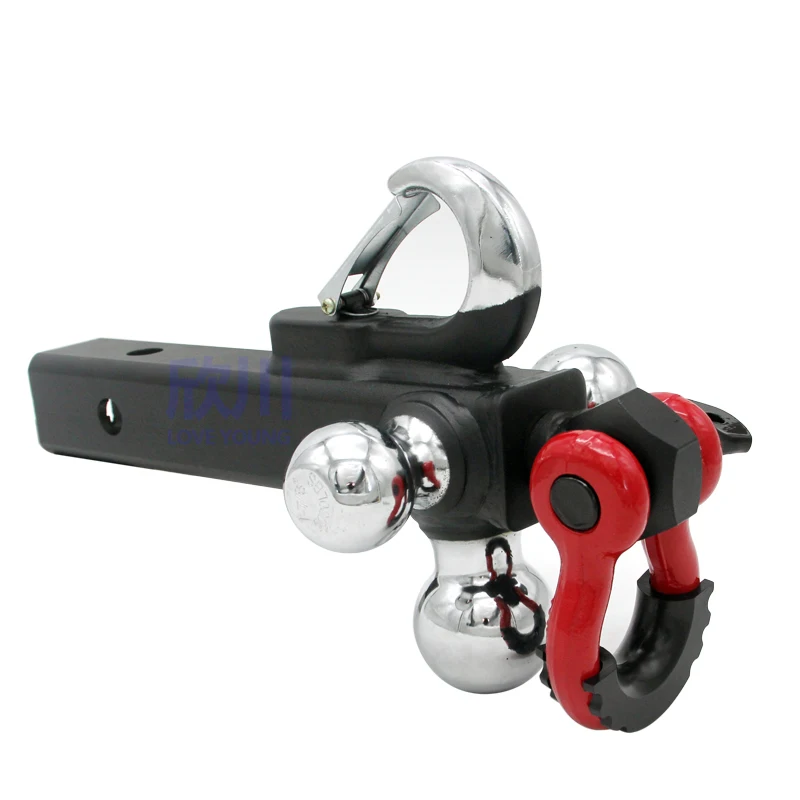 Hitch Tri-Ball Mount with Hook&Pin&Rotatable Tow Shackle Multifunction Trailer Parts Towing Hook Fits 2-in Receiver