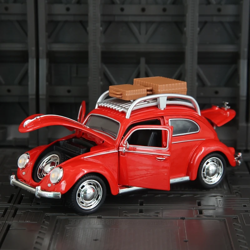 1:32 Volkswagen Beetle modelo de coche de aleación, puertas y capó de motor, el maletero se puede abrir, juguetes con sonido y luz para niños, regalos