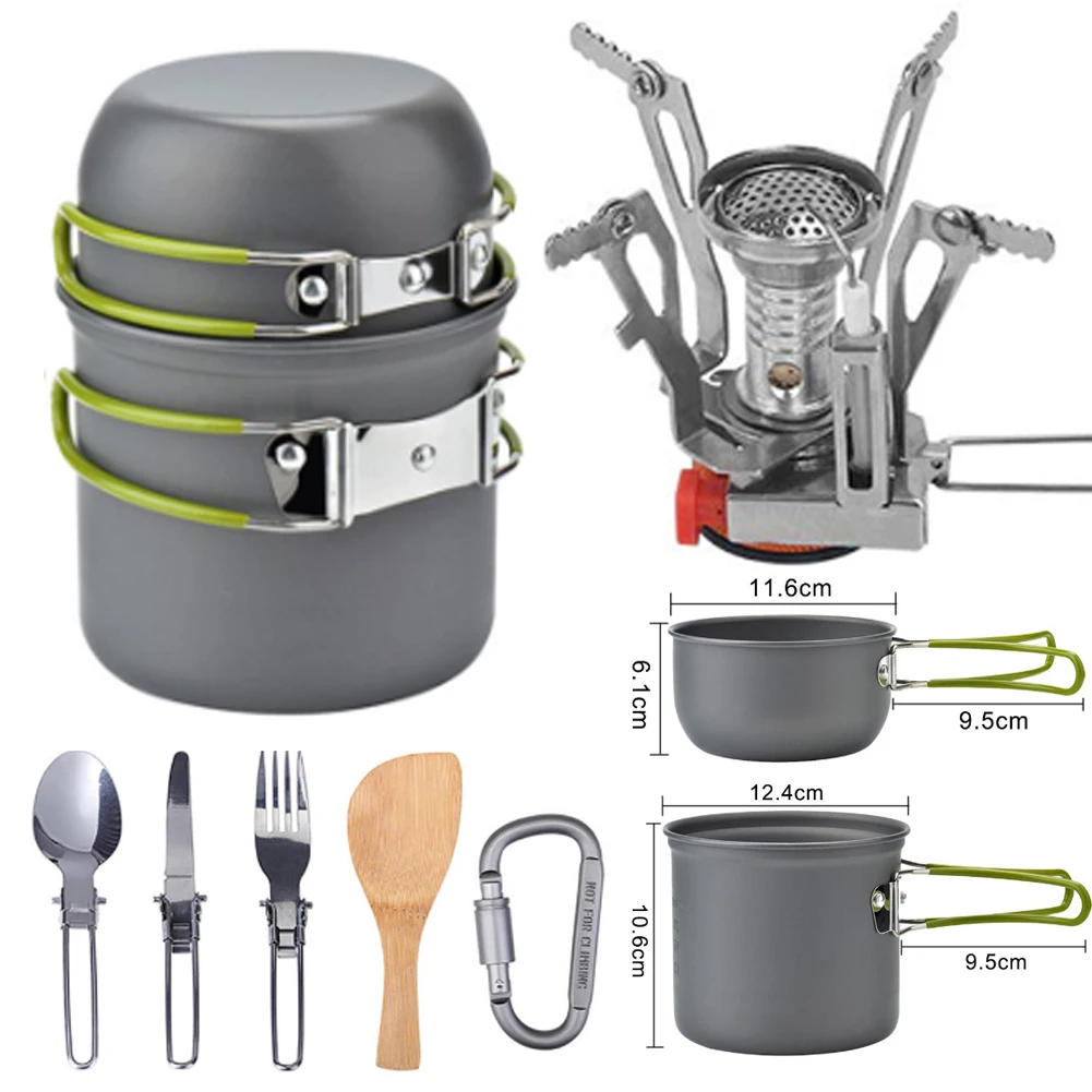 Portable Camping Cookware Stove Kit For Backpackers Outdoor Pot Mini Gas Stove Sets Foldable Spoon Fork Knife Picnic Cooking Set