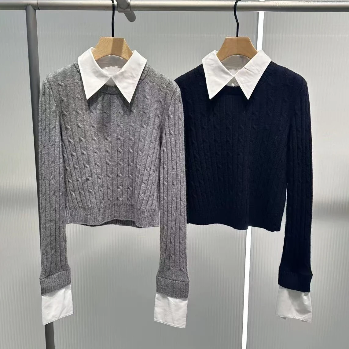 

High-End Women's Knitted Sweater with Cable Knit And Collar College Sle Fake Two-Piece Autumn Winter New Arrival from Nu