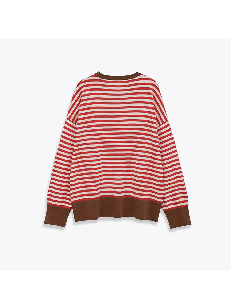 Women 2025 Winter New European And American Style Fashion Simple Casual Women's Loose Striped Round Neck Long Sleeve Sweater