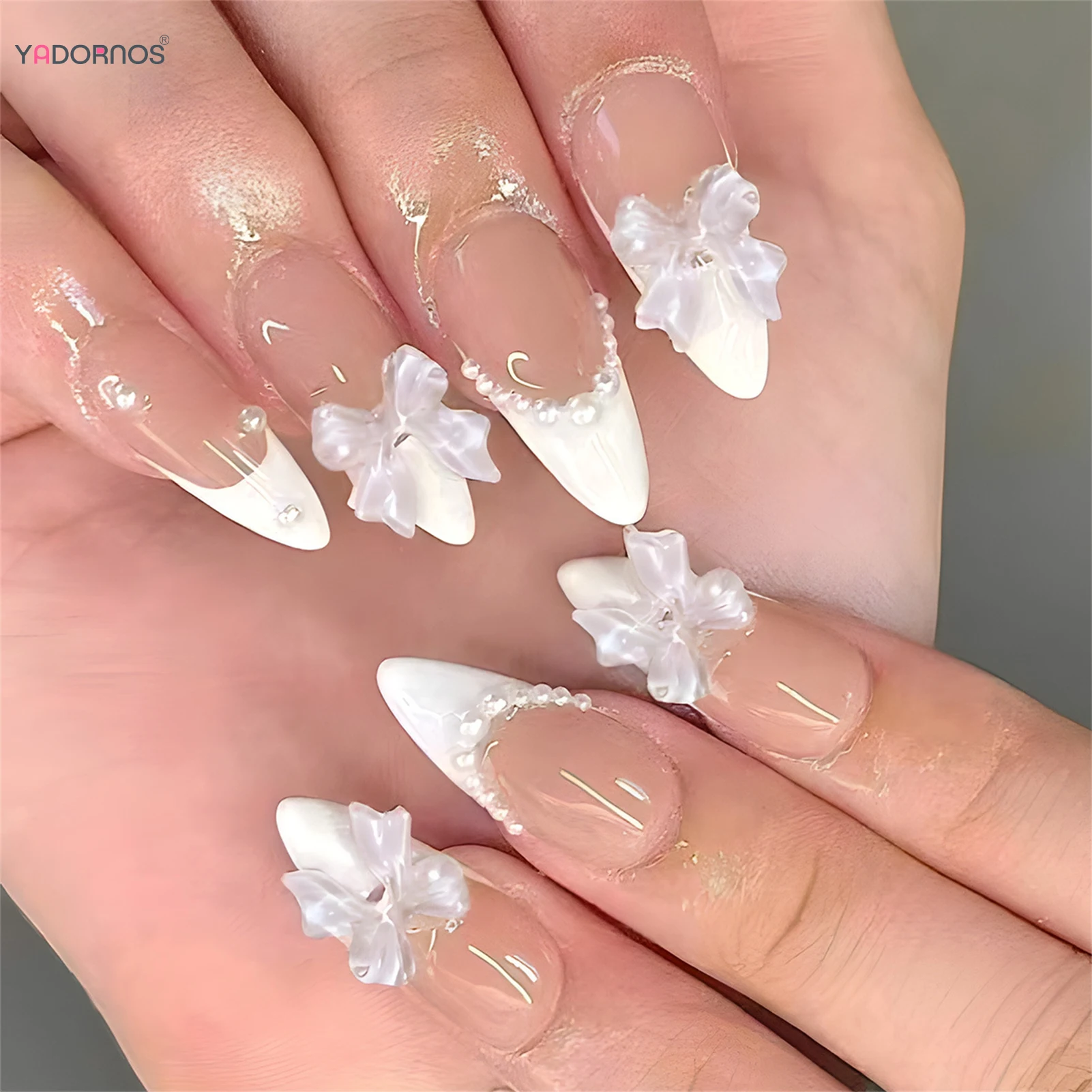 

White French Style Fake Nails Almond Press on Nails 3D Bowknot Pearls Designs Women False Nails Elegant Charms Manicure 24Pcs