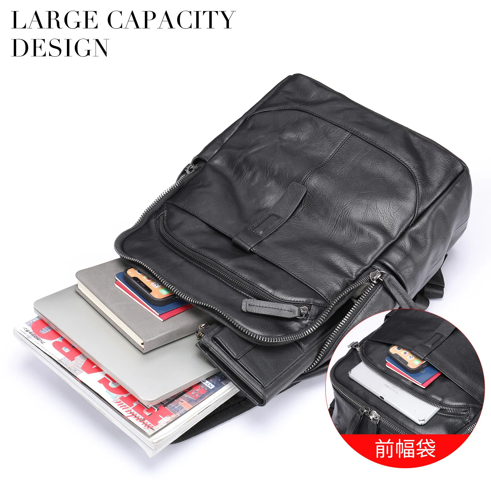 Black Leather Men Backpack Genuine Leather Travel Bag Casual Daypack Fashion Leather School Bags Large Laptop Bag Soft Skin 14\