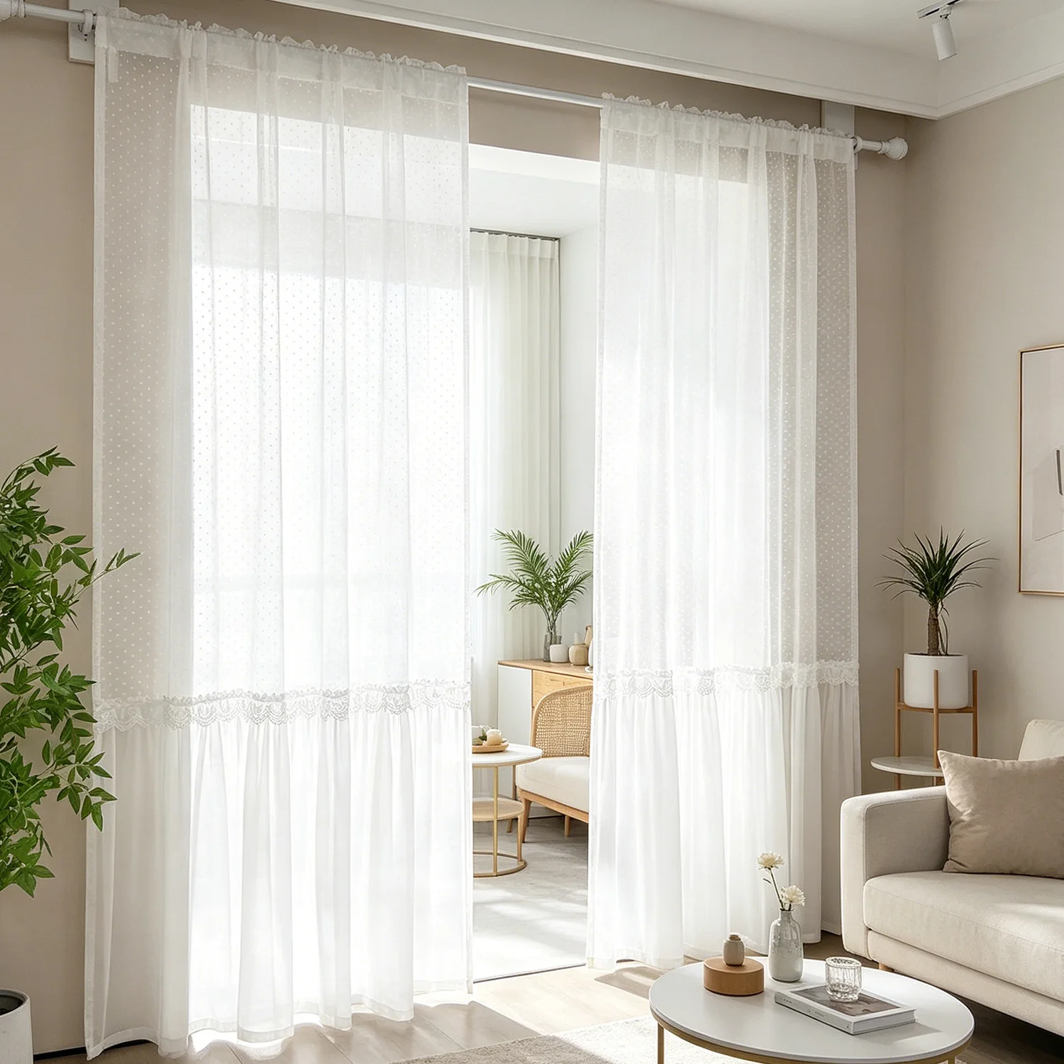 French Romantic Sheer Curtain with Polka Dot & Lace Trim Light Filtering Drape for Bedroom Living Room Girl's Room Home Decor