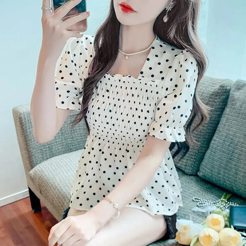

Women's Polka Dot Blouse Square Neck Puff Sleeve Smocked Waist Summer Chiffon Top