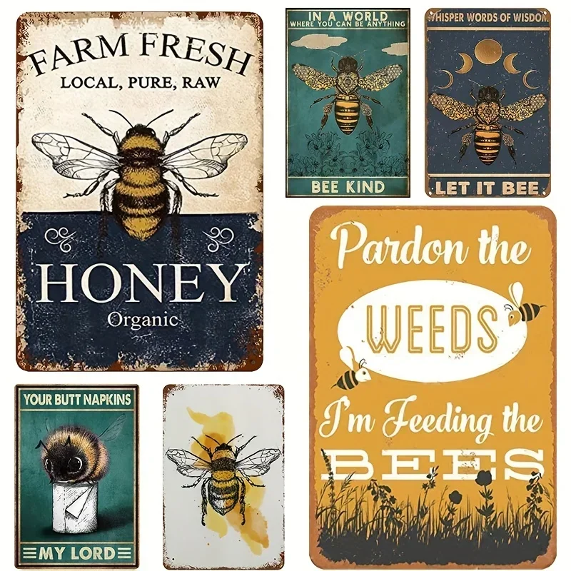 Farm Fresh Bee Honey, I'm Feeding The Bees, Whisper Words of Wisdom Let It Be Bees, Vintage Wall Decor Metal Poster Tin Sign