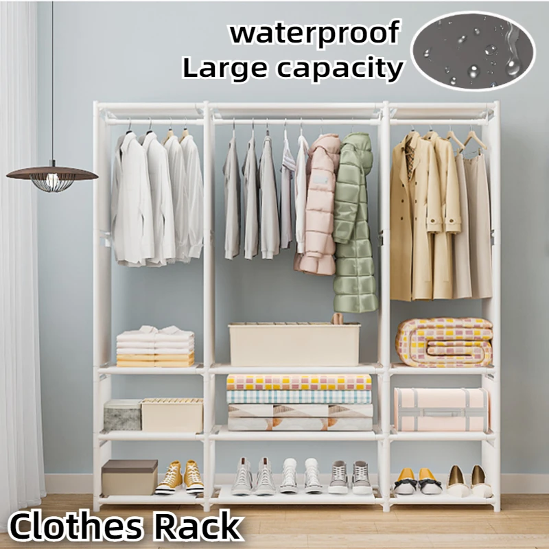 3 Row Clothes Rack Floor Dustproof Hanging Clothes Hanger and Large Capacity Garment Drying Rack Storage Shelf Home Organizer