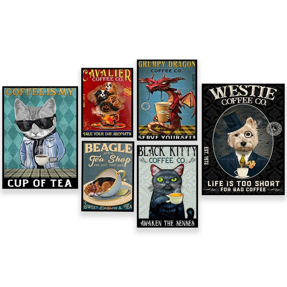 

Boxer, Pug Coffee Co. Cat Coffee is my teacup animal wall art, gift for coffee lovers who love dogs, cafe decoration poster