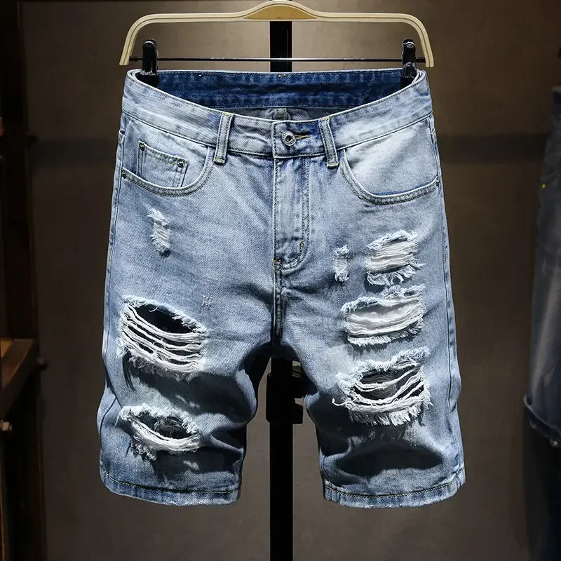 Short Jeans Pants for Men Ripped Bermuda Long Man Denim Shorts Half Designer Xxxl Jorts Emo Cowboy Cut Y2k Fashion Harajuku Blue