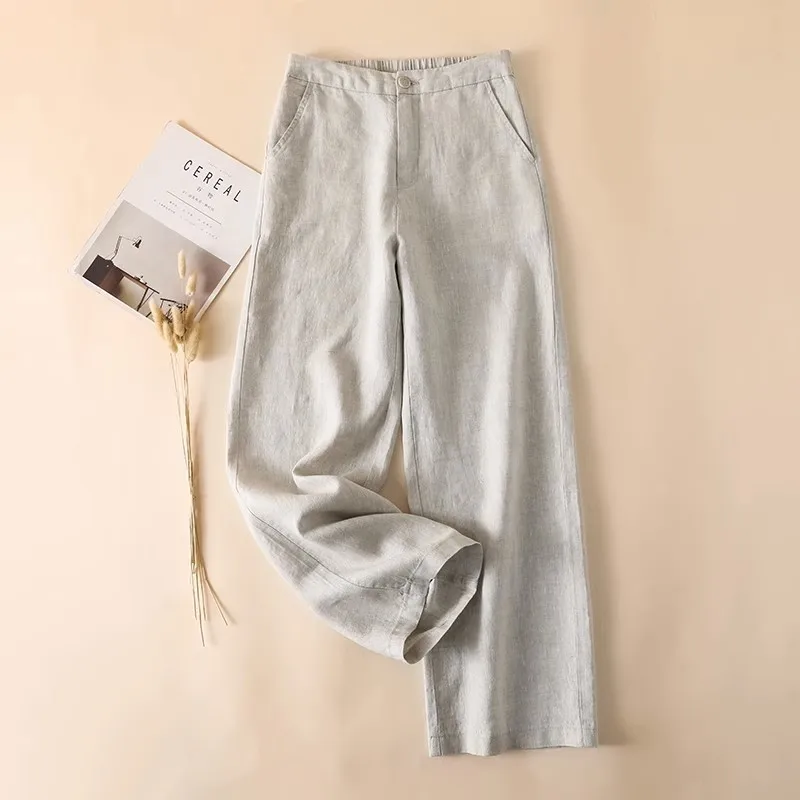 Linen Loose Wide Leg Women's Pants 2026 New Thin Cotton Linen High Waist Drooping Cropped Slimming Casual Straight TrousersWJ847